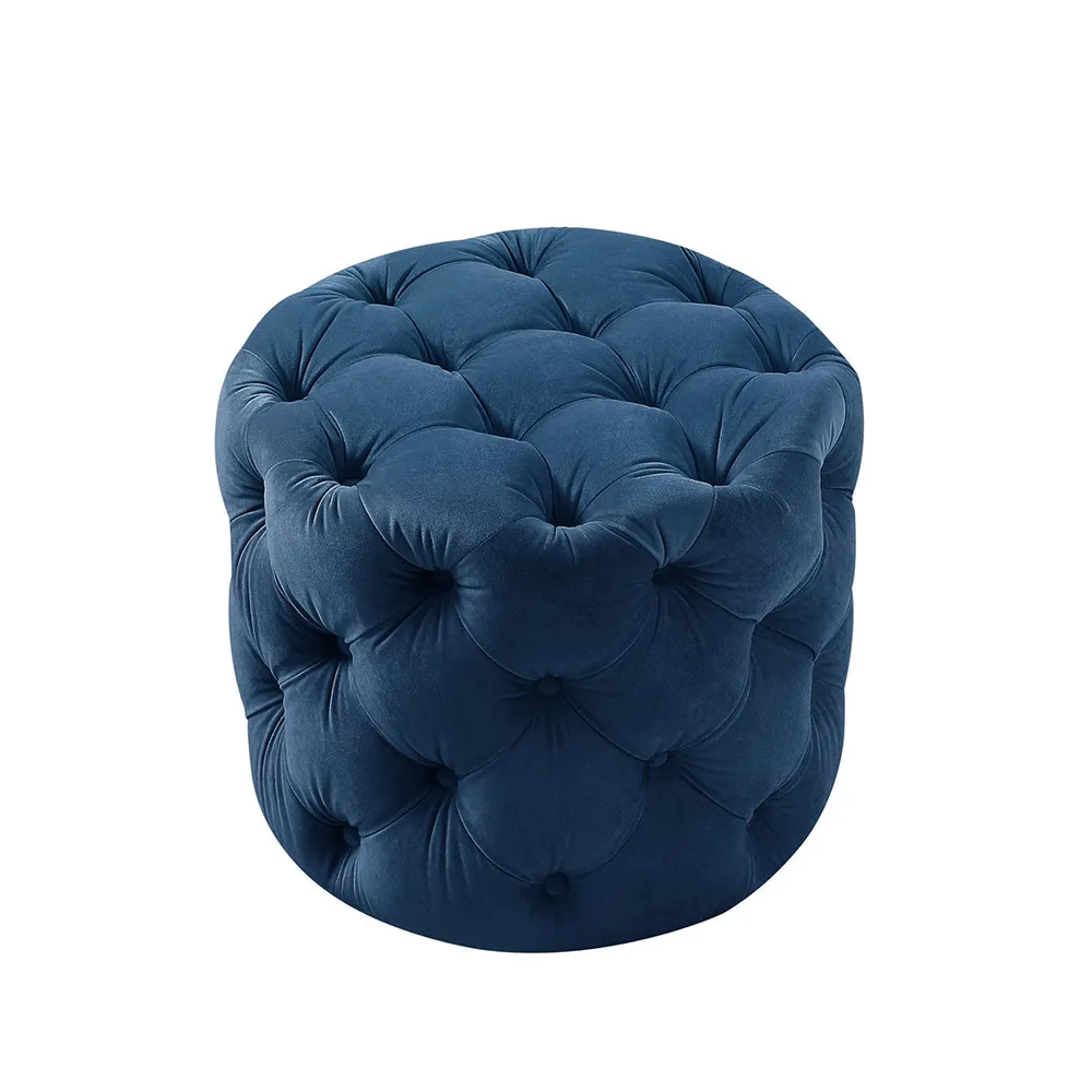 Round Velvet Tufted Solid Puffy Stool In Royal Blue
