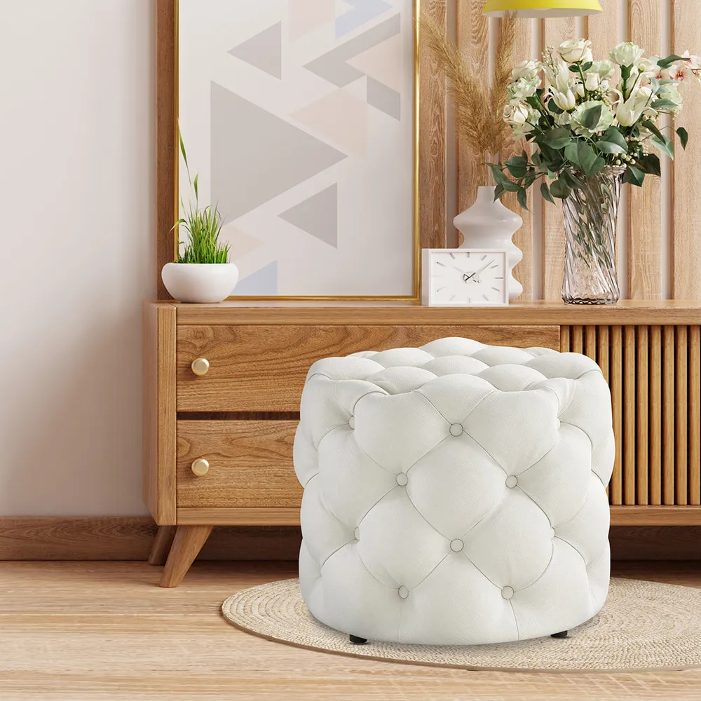 Round Velvet Tufted Solid Puffy Stool In White Single Piece