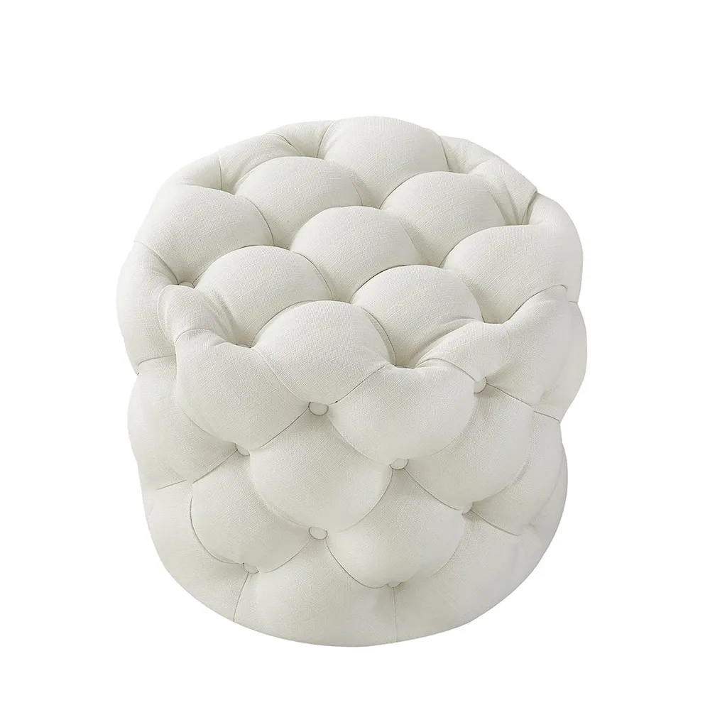 Round Velvet Tufted Solid Puffy Stool In White Single Piece