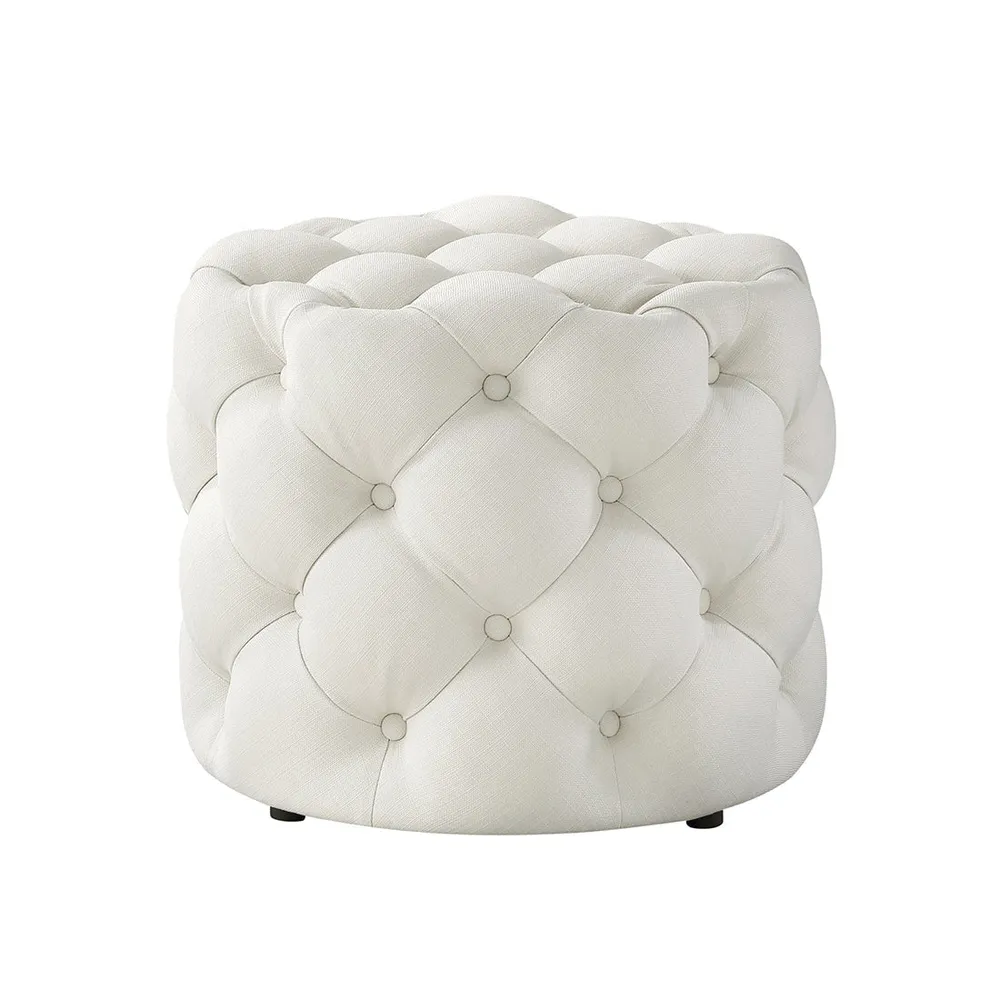 Round Velvet Tufted Solid Puffy Stool In White Single Piece