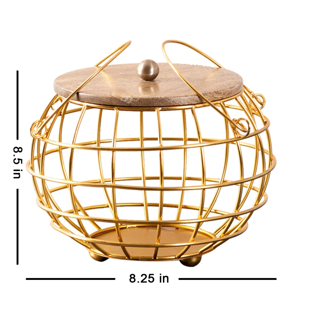 Round White Wired Wood Lid Metal Vegetable/Fruit Basket