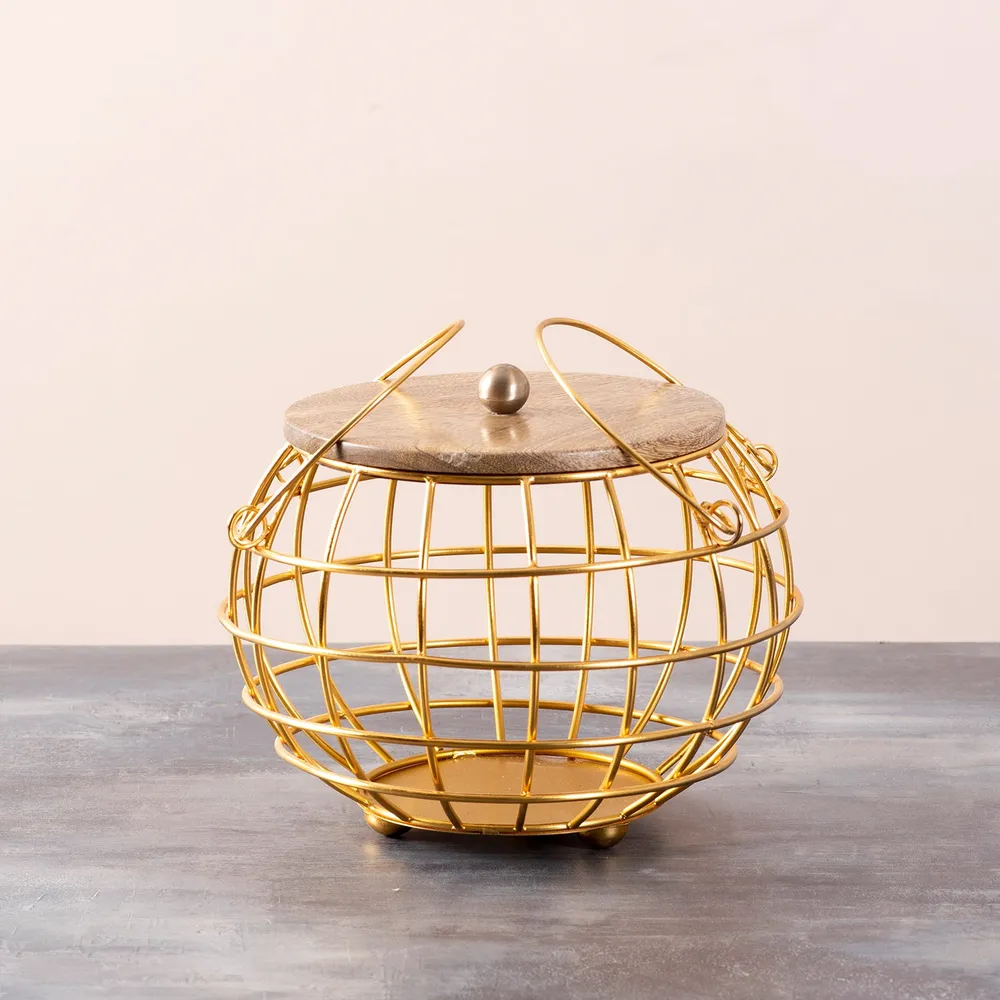 Round White Wired Wood Lid Metal Vegetable/Fruit Basket