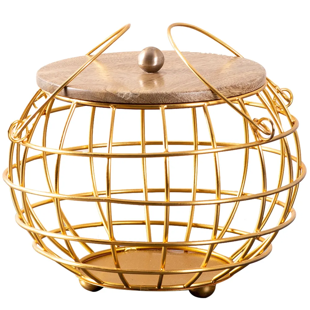 Round White Wired Wood Lid Metal Vegetable/Fruit Basket