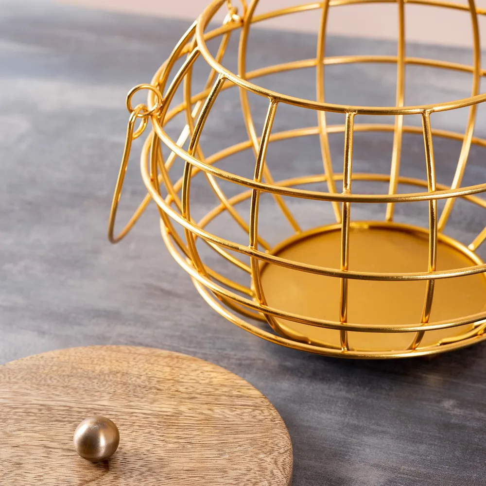 Round White Wired Wood Lid Metal Vegetable/Fruit Basket