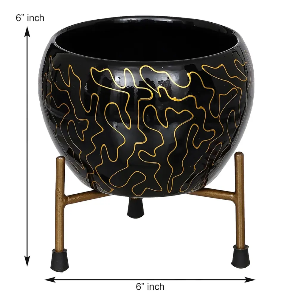 Royal Black Resilient Metal Plant Pots With Stand