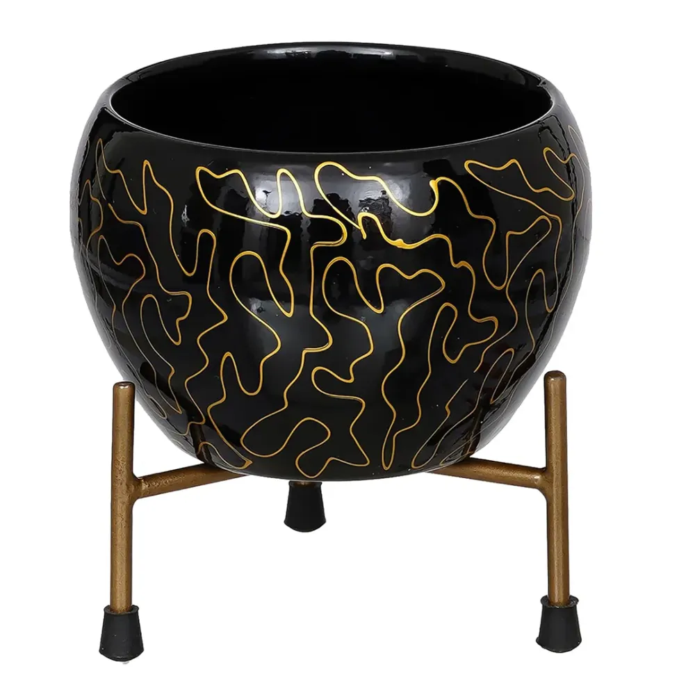 Royal Black Resilient Metal Plant Pots With Stand