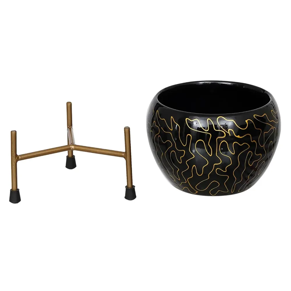 Royal Black Resilient Metal Plant Pots With Stand