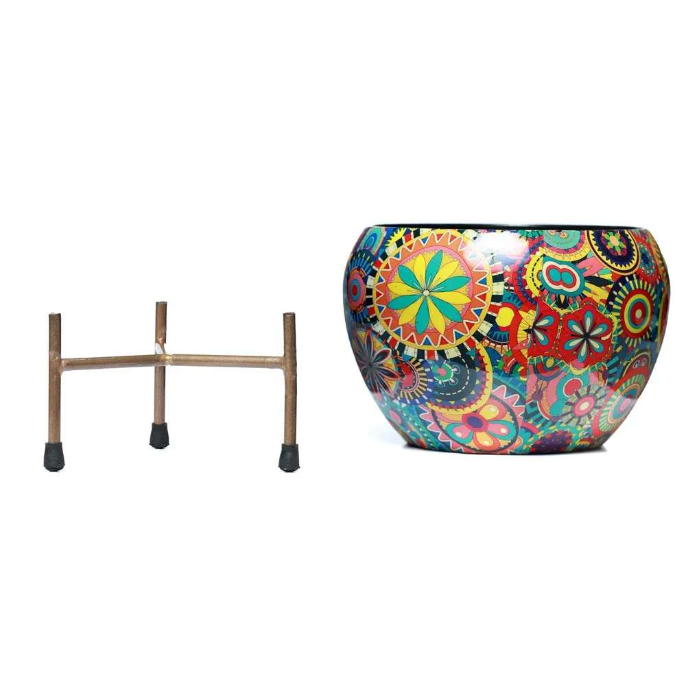 Royal Bright Multi-Hued Resilient Metal Plant Pot With Stand Set Of 1