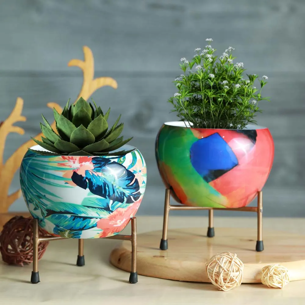 Royal Bright Multi-Hued Resilient Metal Plant Pots With Stand Set Of 2