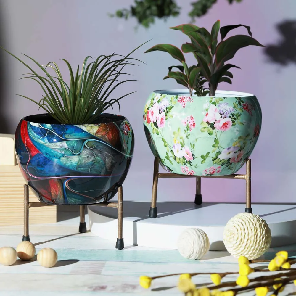 Royal Bright Multi-Hued Resilient Metal Plant Pots With Stand Set Of 2