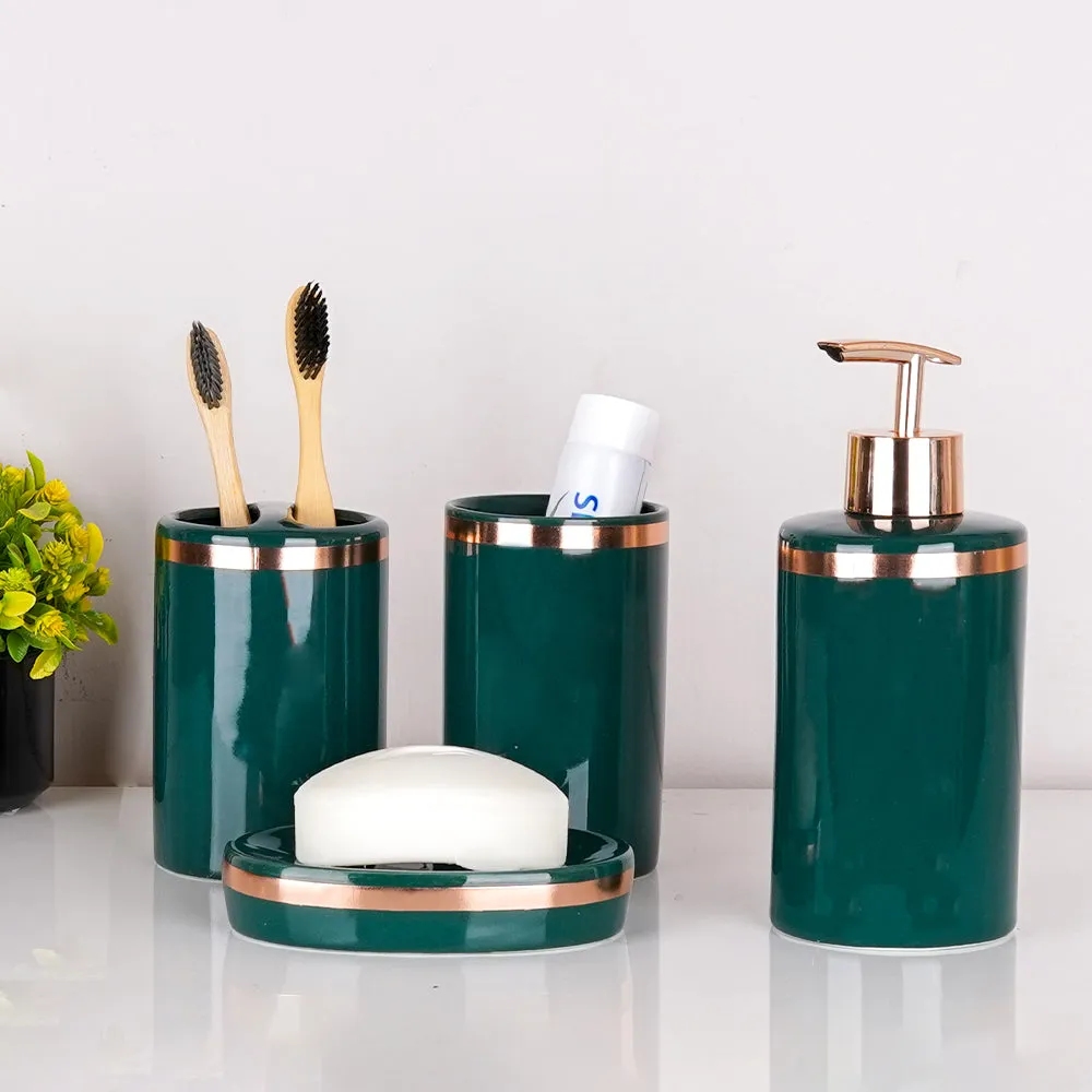 Royal Emerald Green & Gold Rim Ceramic Bathroom Set of 4 (Soap Dispenser, Soap Dish, Toothbrush Holder & Tumbler)