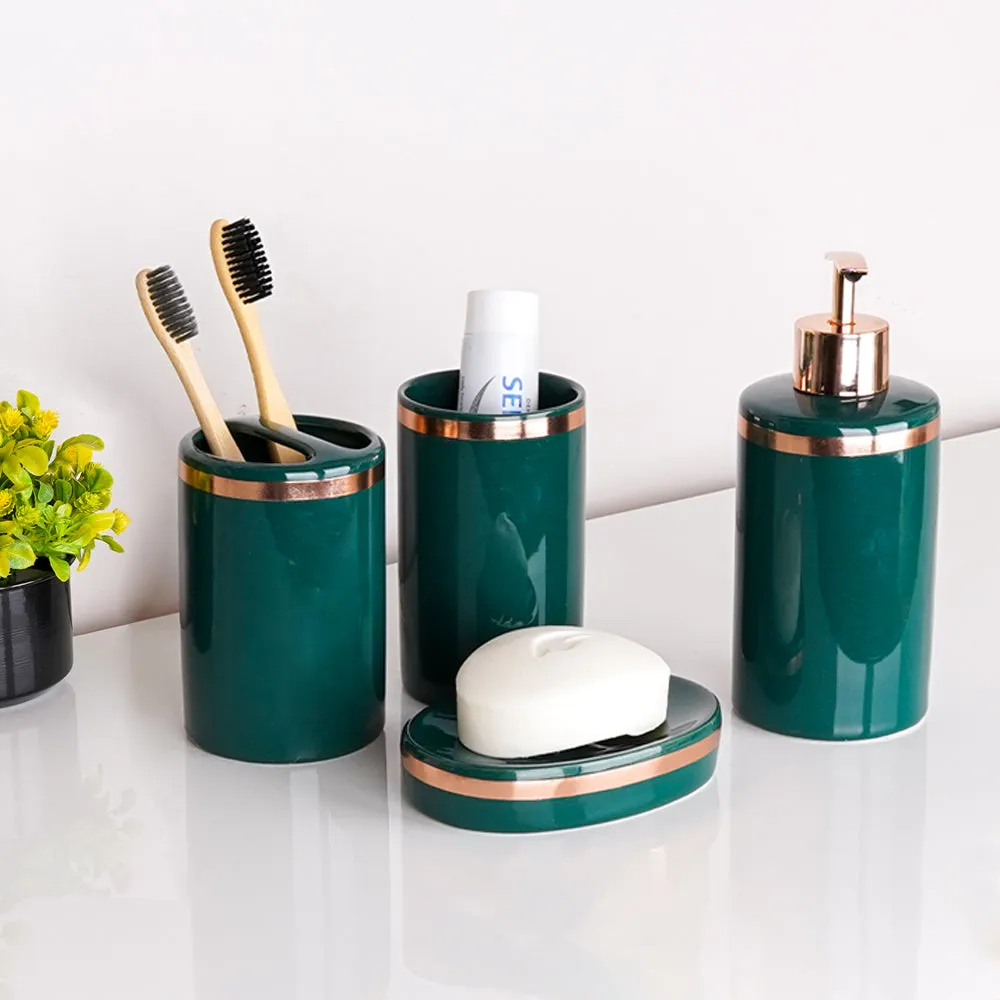Royal Emerald Green & Gold Rim Ceramic Bathroom Set of 4 (Soap Dispenser, Soap Dish, Toothbrush Holder & Tumbler)
