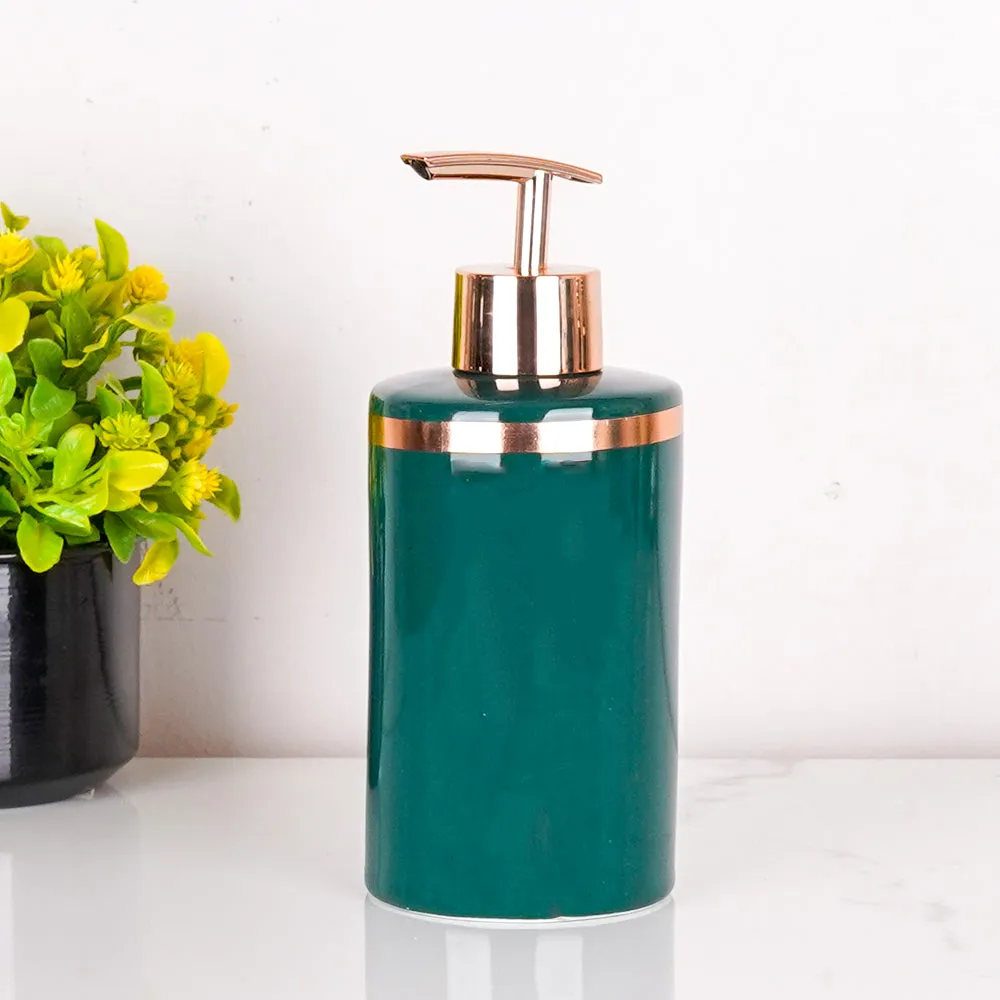 Royal Emerald Green & Gold Rim Ceramic Bathroom Set of 4 (Soap Dispenser, Soap Dish, Toothbrush Holder & Tumbler)