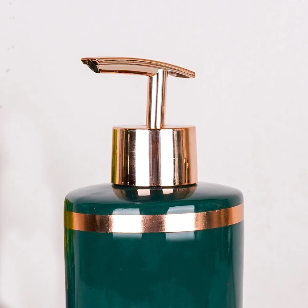 Royal Emerald Green & Gold Rim Ceramic Bathroom Set of 4 (Soap Dispenser, Soap Dish, Toothbrush Holder & Tumbler)