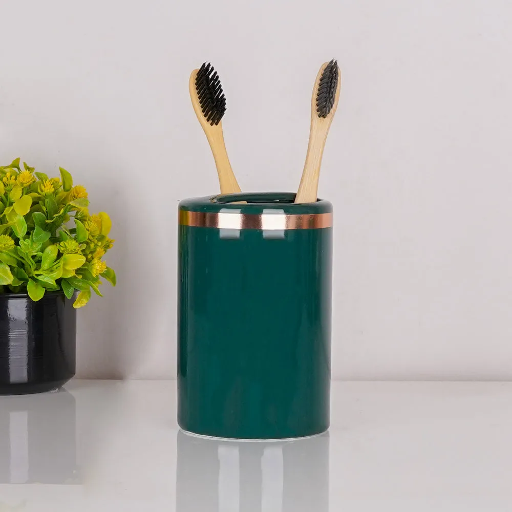 Royal Emerald Green & Gold Rim Ceramic Bathroom Set of 4 (Soap Dispenser, Soap Dish, Toothbrush Holder & Tumbler)