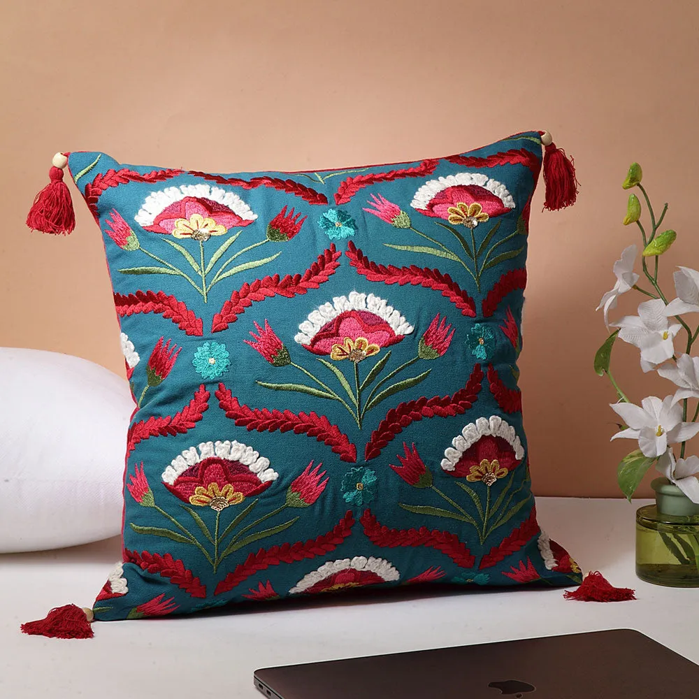 Royal Floral Embroidered Teal Blue and Maroon Tasseled 100% Cotton Cushion Cover Set Of 1