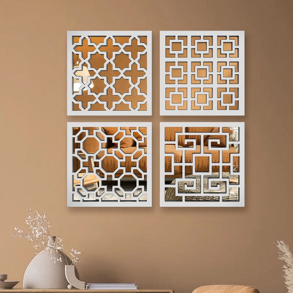 Royal Intricate Pattern Wooden Mirror Wall Art- Set of 4
