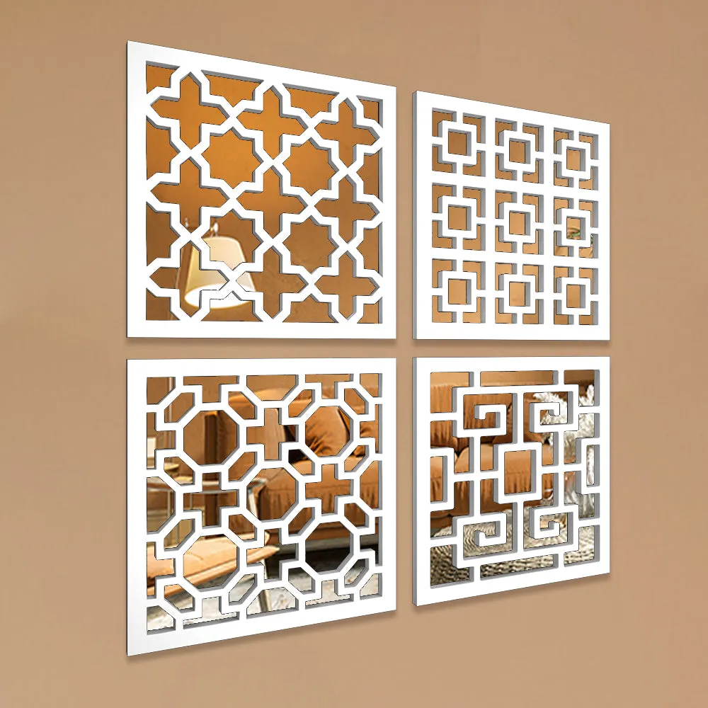 Royal Intricate Pattern Wooden Mirror Wall Art- Set of 4