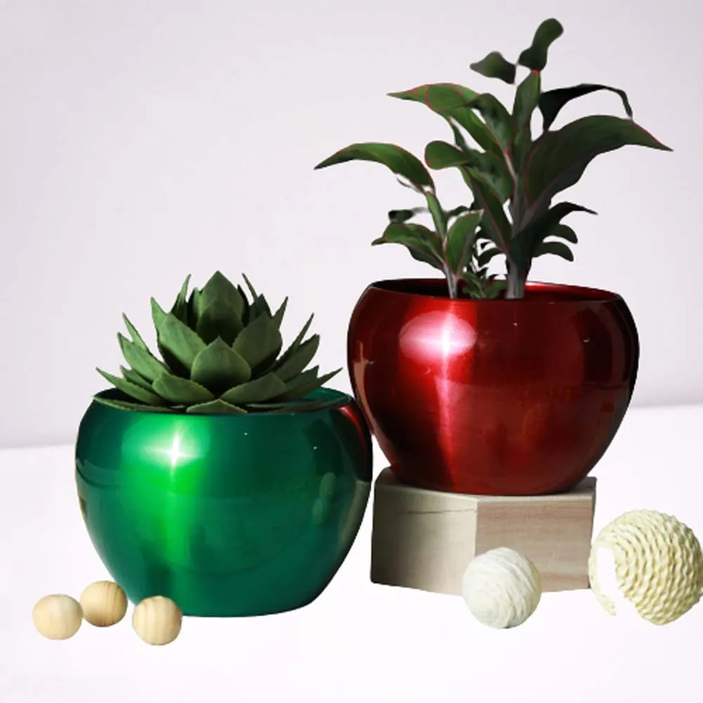 Royal Multi-Hued Resilient Metal Plant Pots With Stand Set Of 2