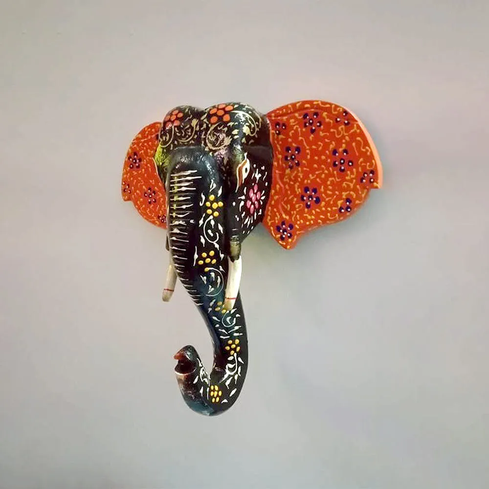 Royal Multicolor Elephant Head Wooden Wall Decor