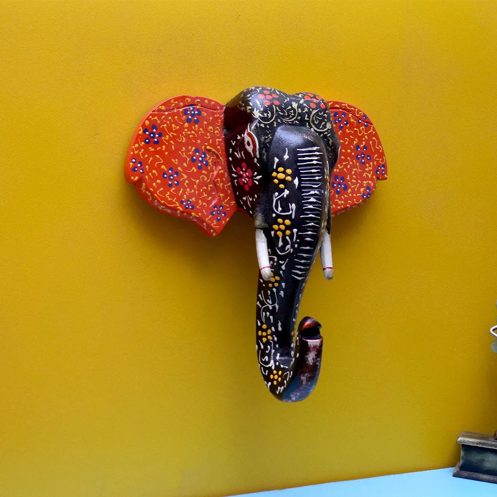 Royal Multicolor Elephant Head Wooden Wall Decor