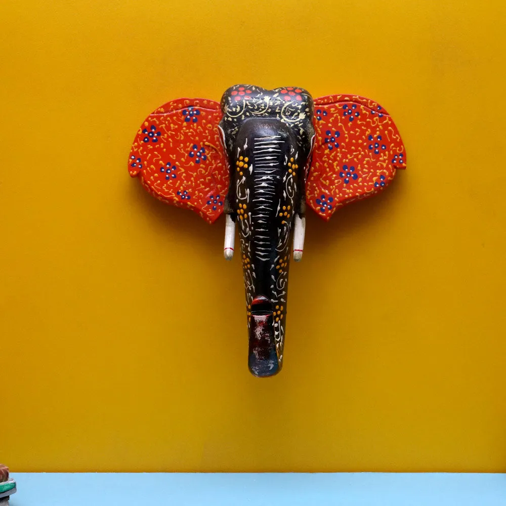 Royal Multicolor Elephant Head Wooden Wall Decor
