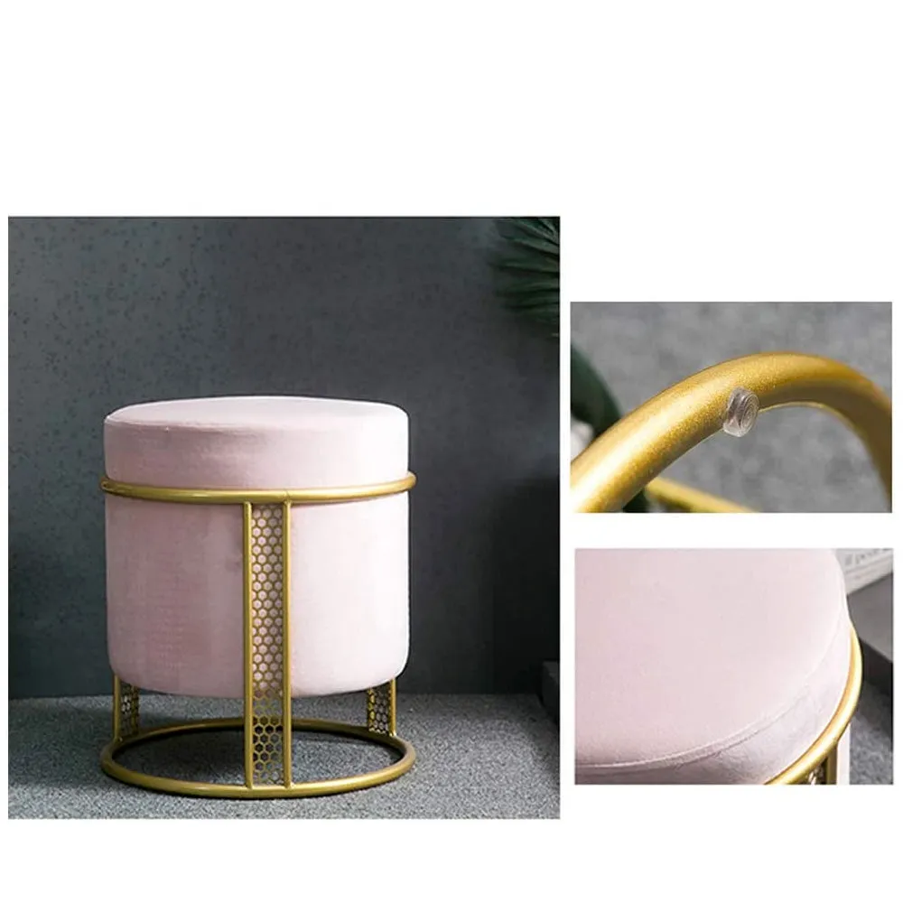 Royal Pink Plush Metal Pouffe Stool