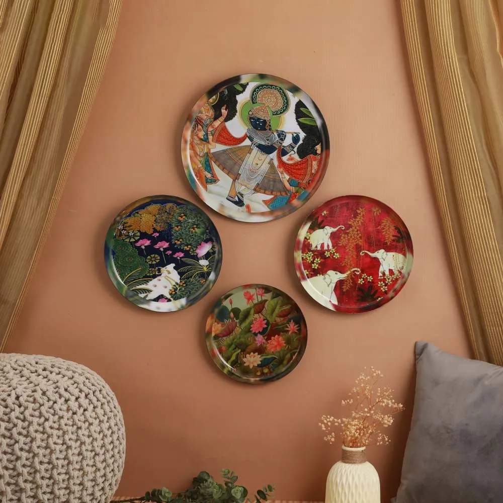 Royal Traditional Pichwai Art Metallic Wall Plate Set of 4