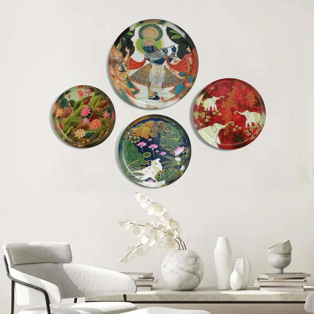 Royal Traditional Pichwai Art Metallic Wall Plate Set of 4