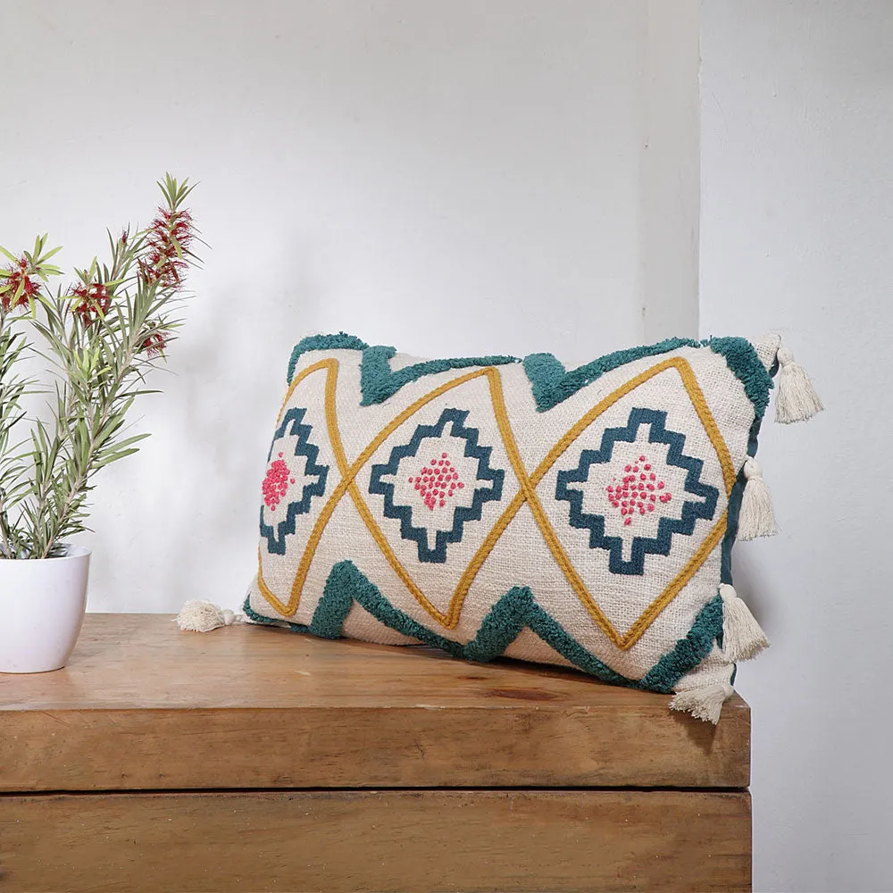 Royal Tufted Peacock Blue and Natural Linen Colored Rectangle 100% Cotton Cushion Cover Pack of 1