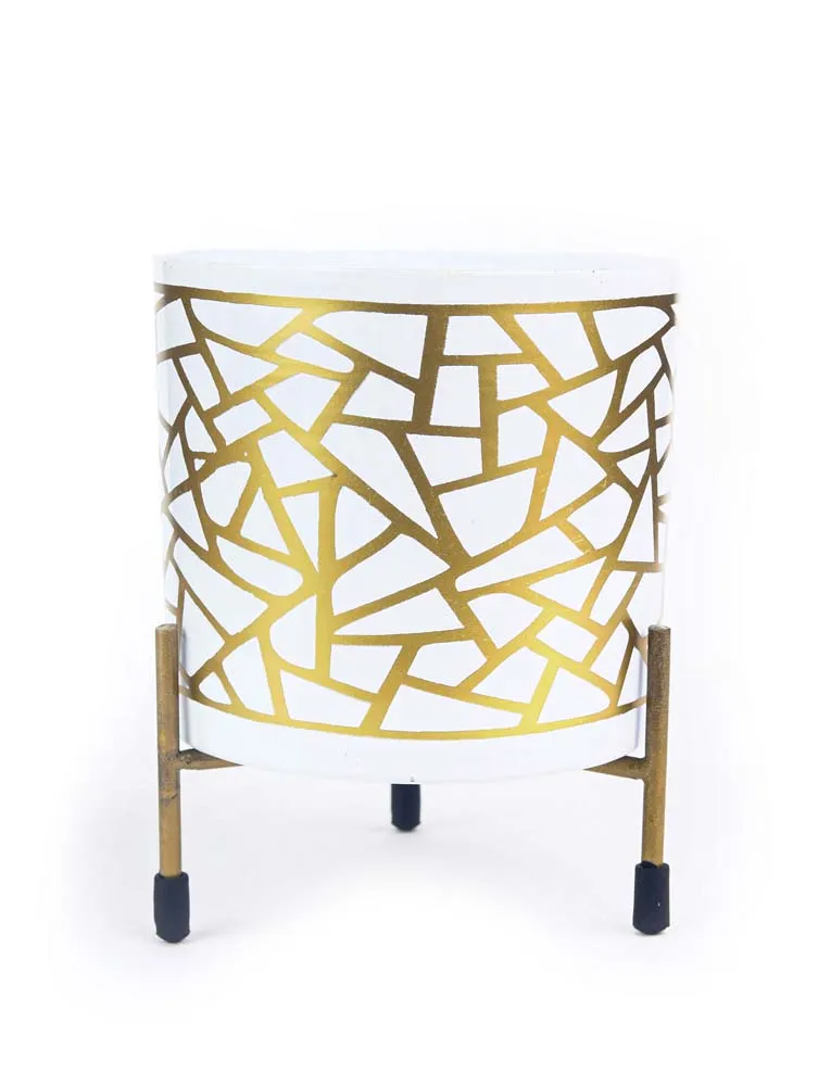 Royal White and Golden Resilient Metal Plant Pot With Stand Set Of 1
