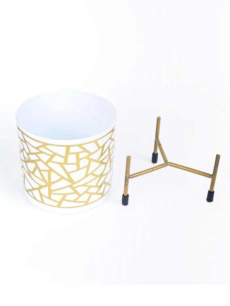 Royal White and Golden Resilient Metal Plant Pot With Stand Set Of 1
