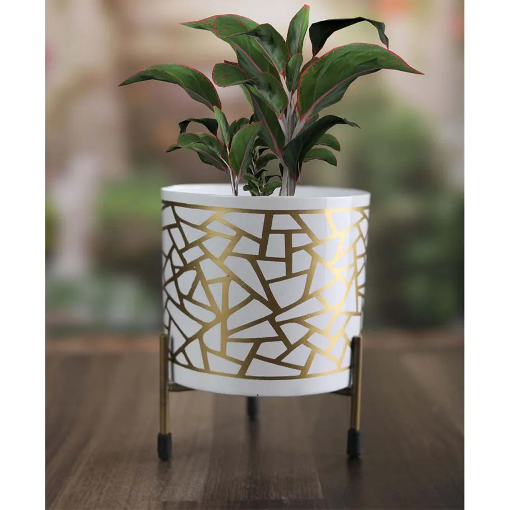 Royal White and Golden Resilient Metal Plant Pot With Stand Set Of 1