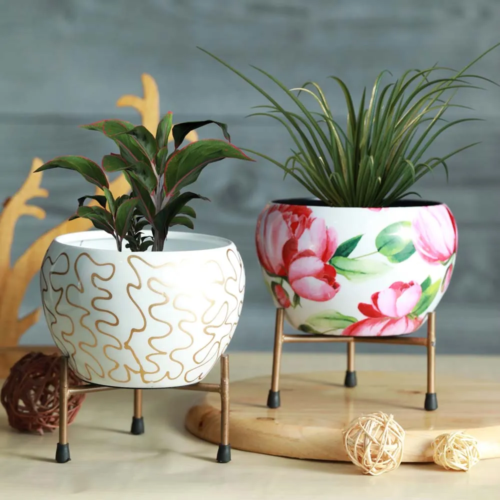 Royal White Resilient Metal Plant Pots With Stand Set Of 2