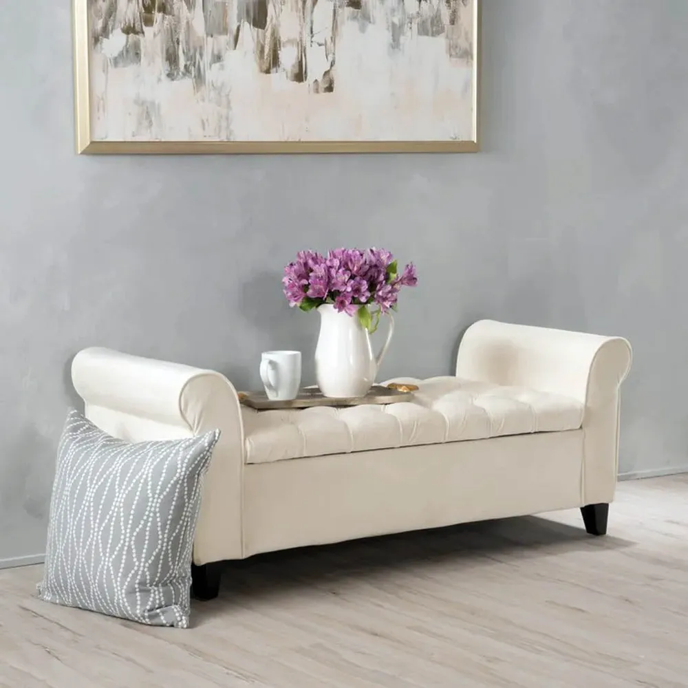 Royal White Resilient & Super Soft Luxurious Tufted Velvet Flip Top Storage Bench With Rolled Arms