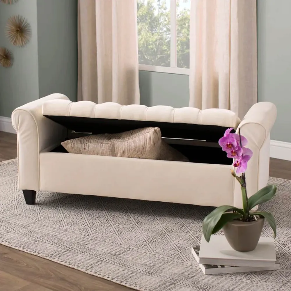 Royal White Resilient & Super Soft Luxurious Tufted Velvet Flip Top Storage Bench With Rolled Arms
