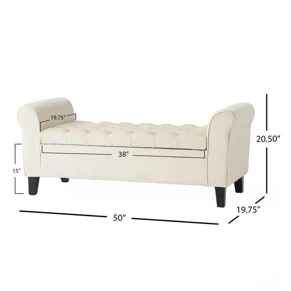 Royal White Resilient & Super Soft Luxurious Tufted Velvet Flip Top Storage Bench With Rolled Arms
