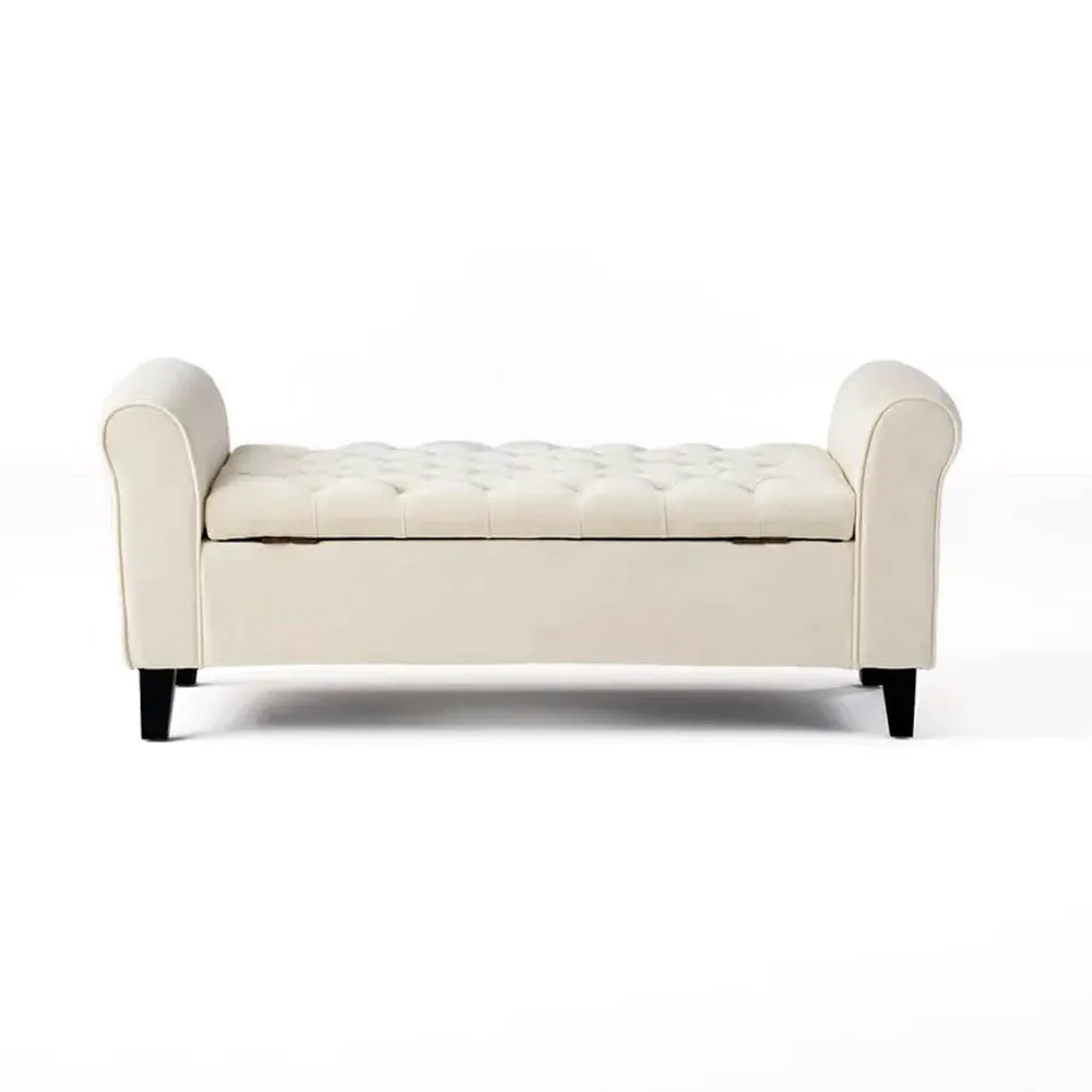 Royal White Resilient & Super Soft Luxurious Tufted Velvet Flip Top Storage Bench With Rolled Arms