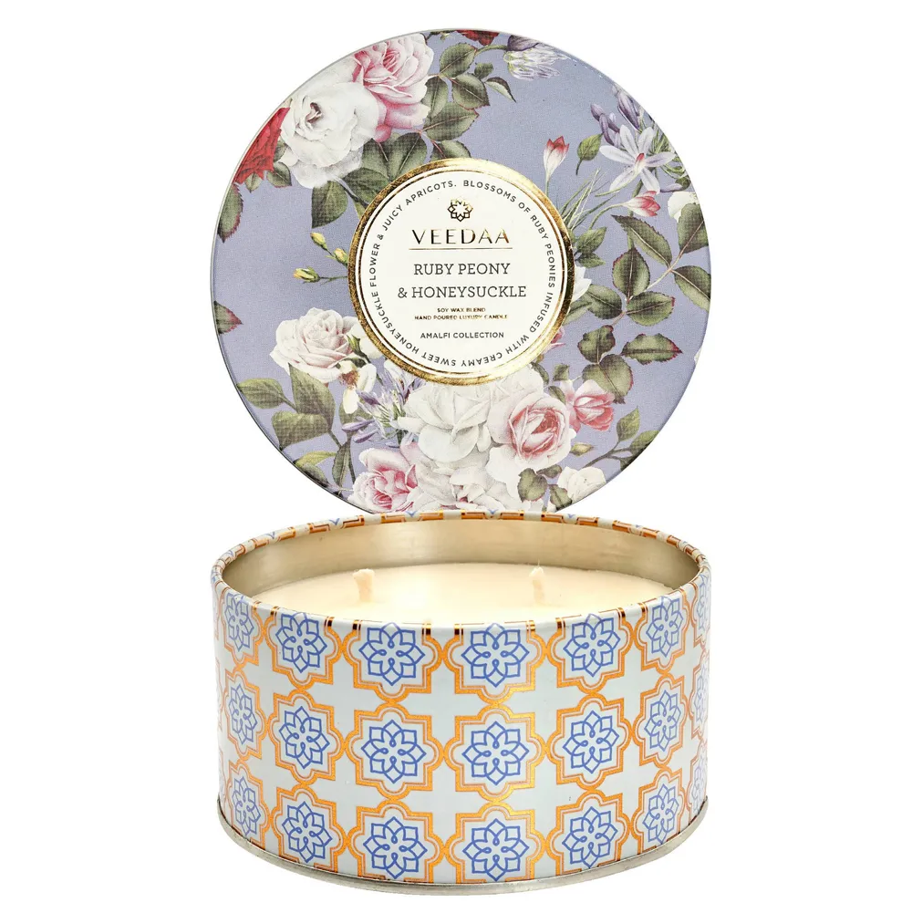 Ruby peony & Honeysuckle 3 Wick Tin Scented Candle