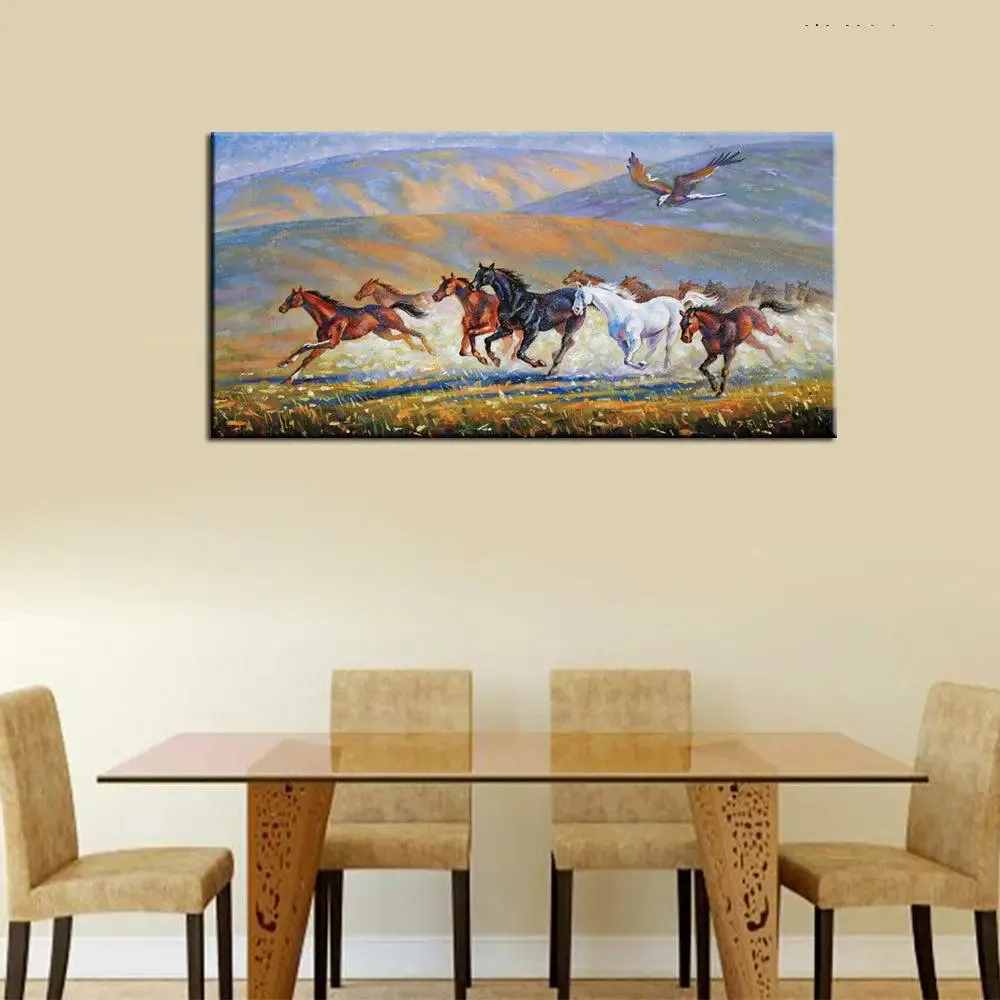 Running Horses With Eagle Scenery Canvas  Wall Hanging With Wood Frame
