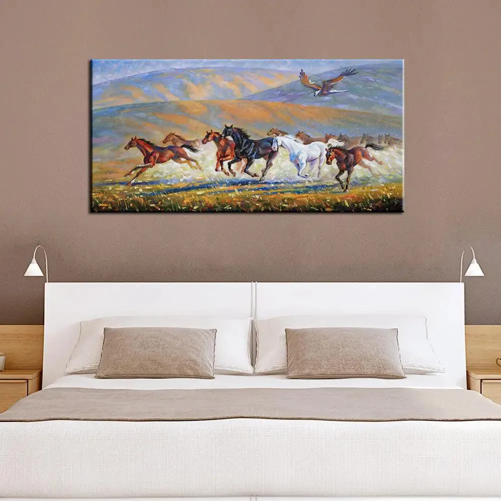 Running Horses With Eagle Scenery Canvas  Wall Hanging With Wood Frame