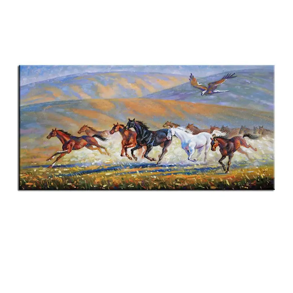 Running Horses With Eagle Scenery Canvas  Wall Hanging With Wood Frame