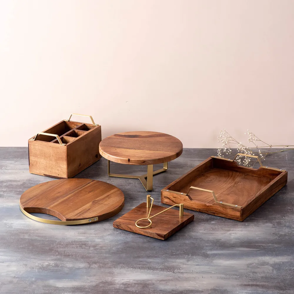 Rustic Brown And Gold Wood Serveware Set of 5