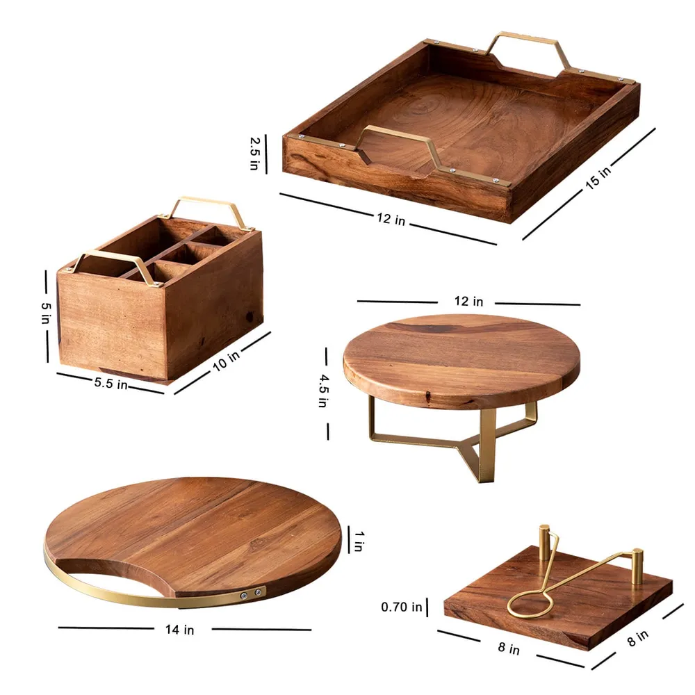 Rustic Brown And Gold Wood Serveware Set of 5