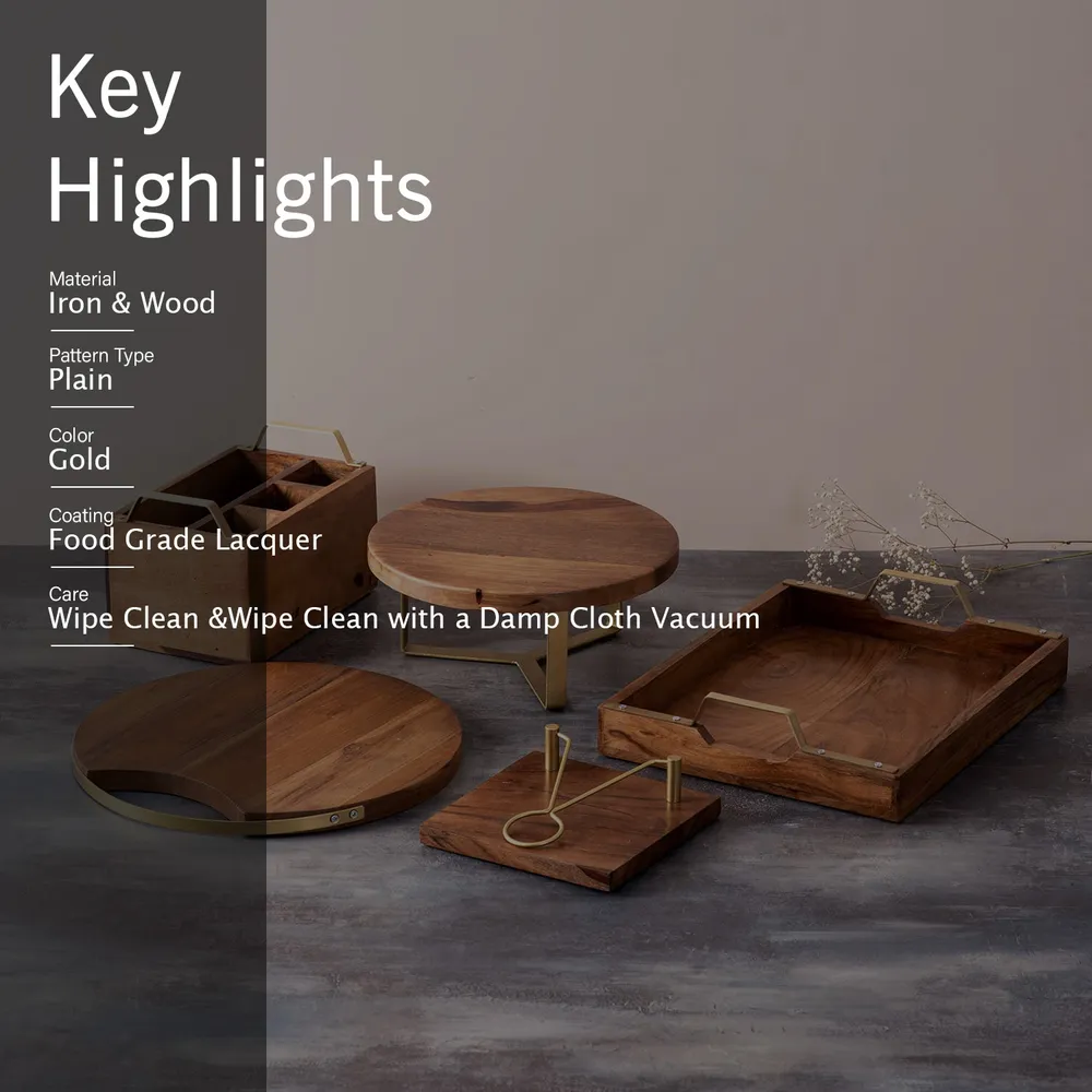 Rustic Brown And Gold Wood Serveware Set of 5