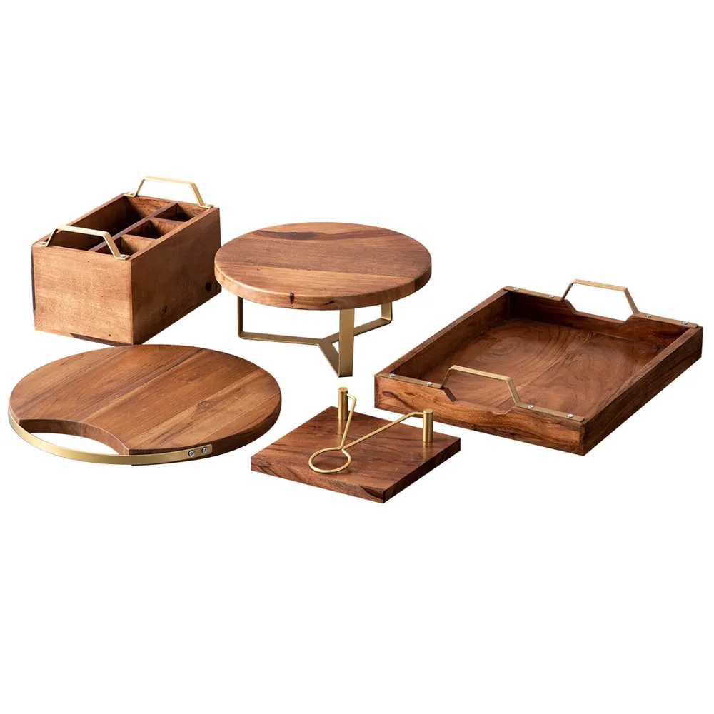 Rustic Brown And Gold Wood Serveware Set of 5
