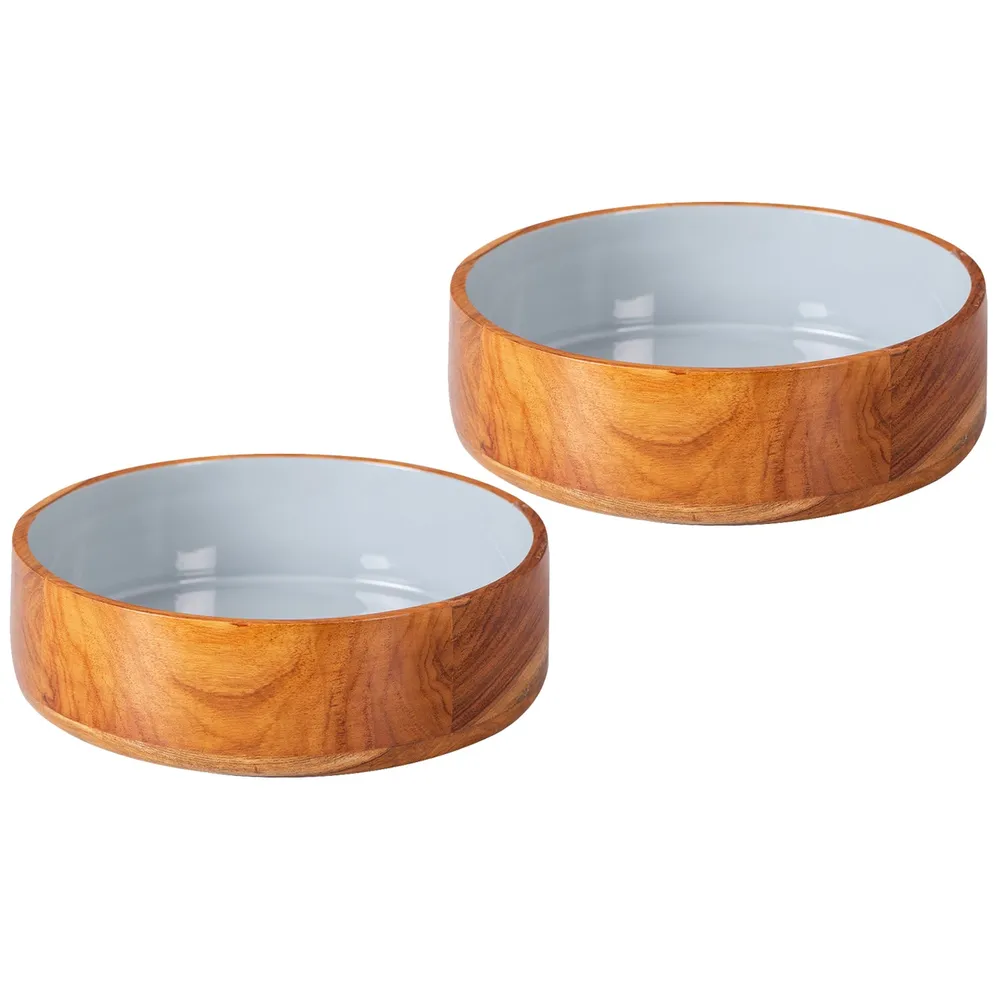 Rustic Brown Enamel Print Wood Serving Bowl Set Of 2