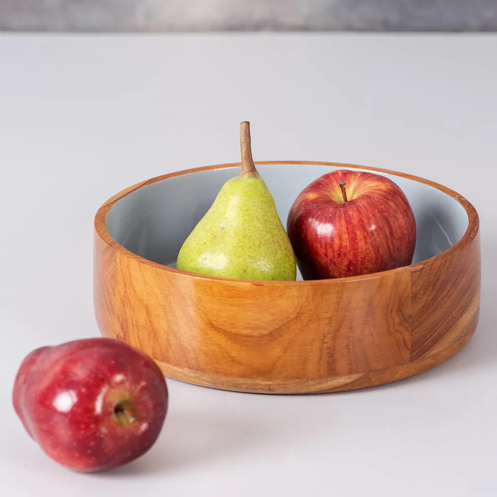 Rustic Brown Enamel Print Wood Serving Bowl Set Of 2