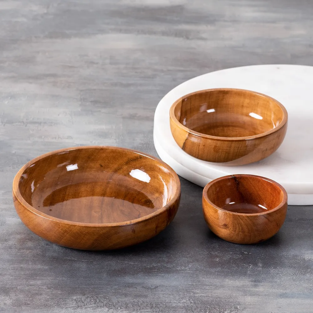 Rustic Brown Flat Wooden Serving Bowls Set Of 3