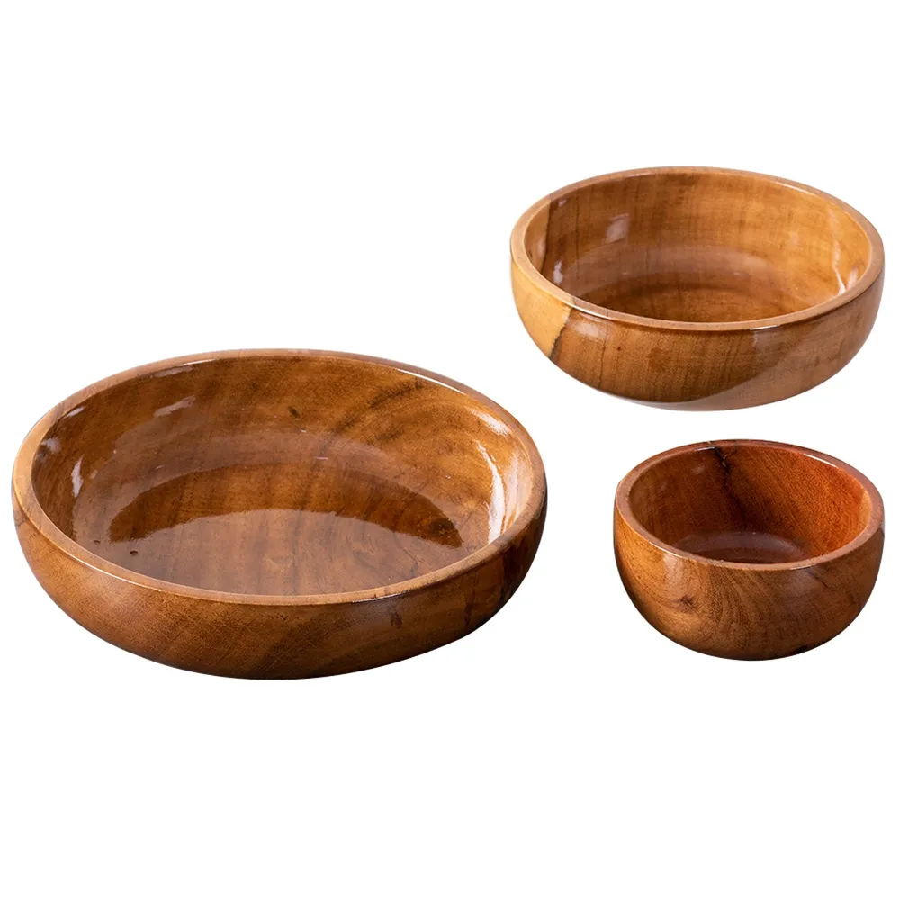 Rustic Brown Flat Wooden Serving Bowls Set Of 3